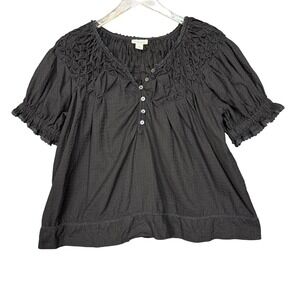 Sundance Shirt Womens Small Black Lodi Henley Textured Smocked Peasant Blouse